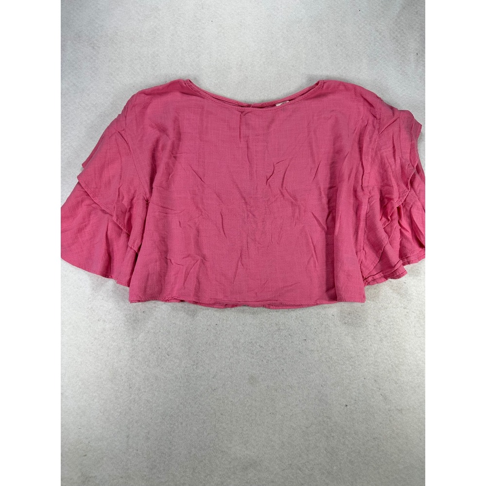 Lilka Anthropologie Pink Flutter Ruffle Sleeve Button Back Crop Top Blouse XL